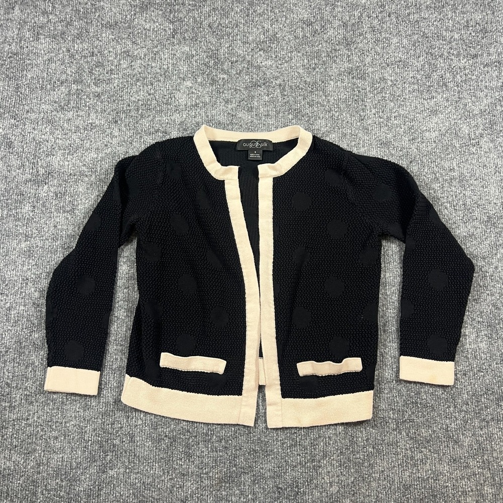 August Silk Cardigan Sweater Girls S Black Polka Dot Contrasting Trim Semi Sheer